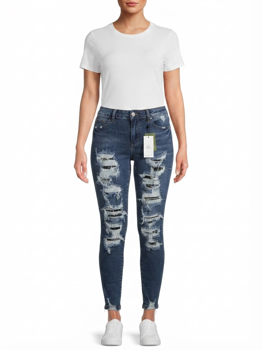 Pantalón dama mezclilla skinny plus con rasgados amplios