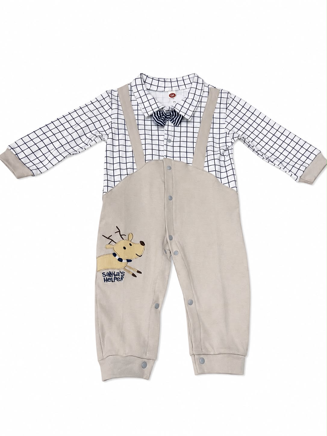 Set niña con overol beige y camisa y cuadros