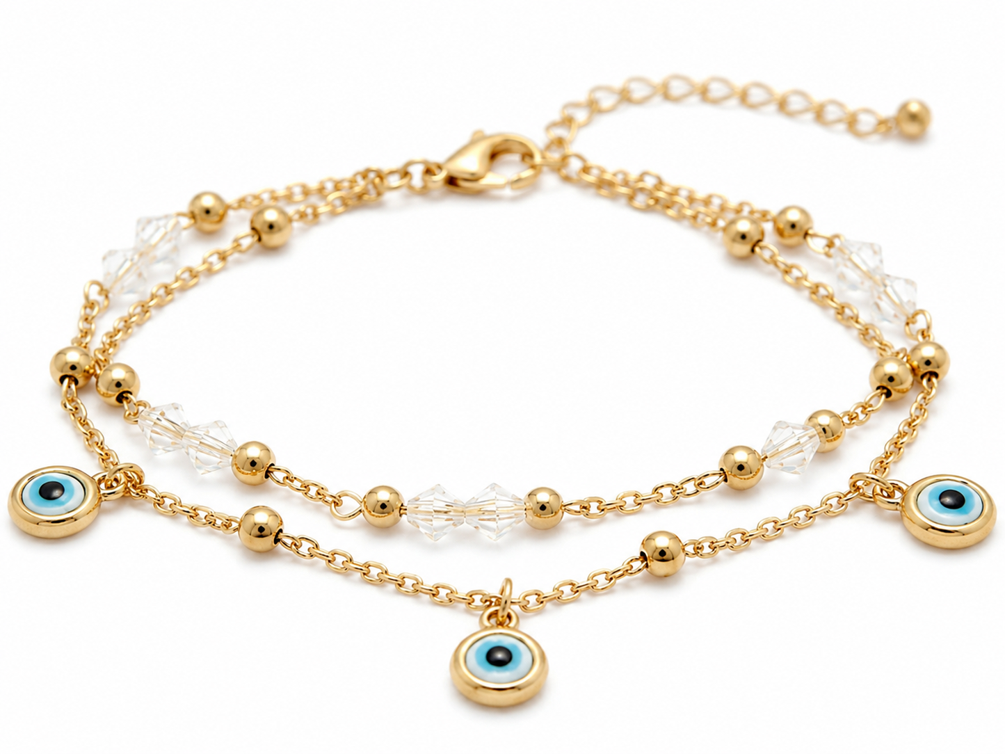 Tobillera dama accesorio doble cadena con ojitos protectores ✨🧿