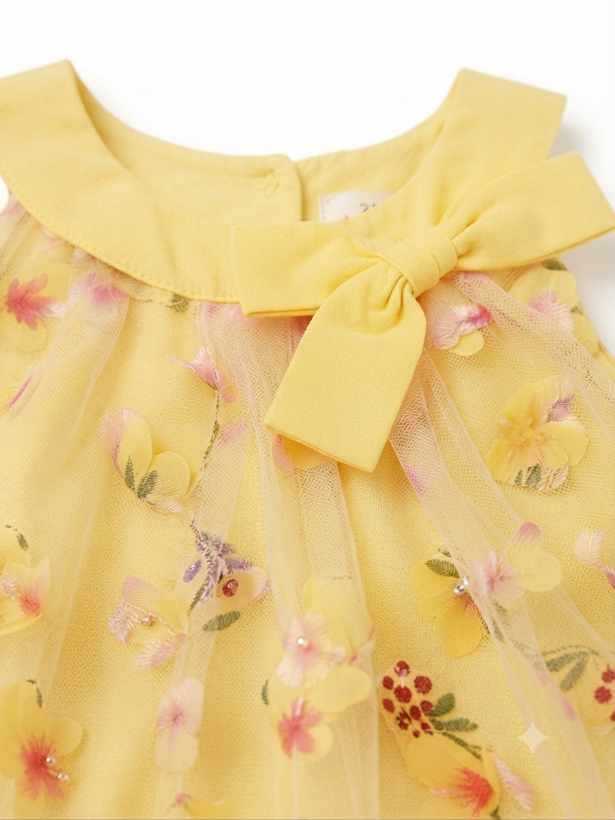 Vestido niña amarillo con tul floral y moño decorativo