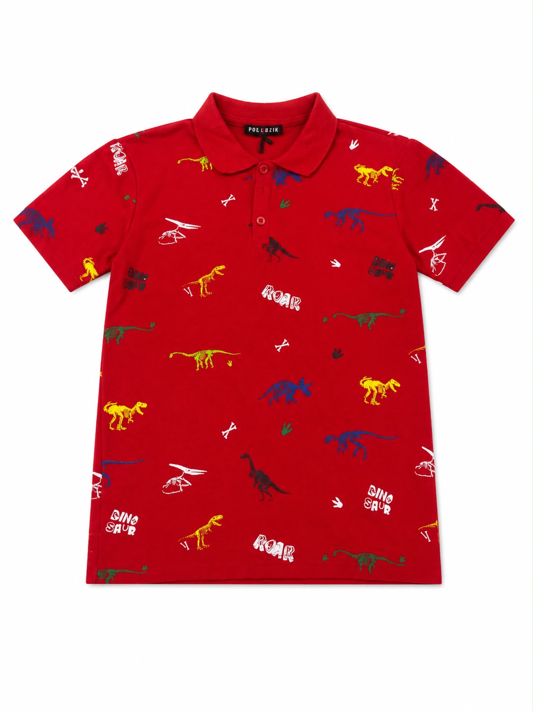 Set niño polo rojo estampado de dinosaurios con short azul marino