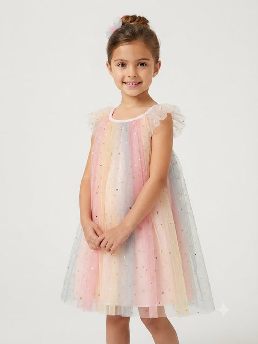 Vestido niña de tul multicolor con destellos estrellas