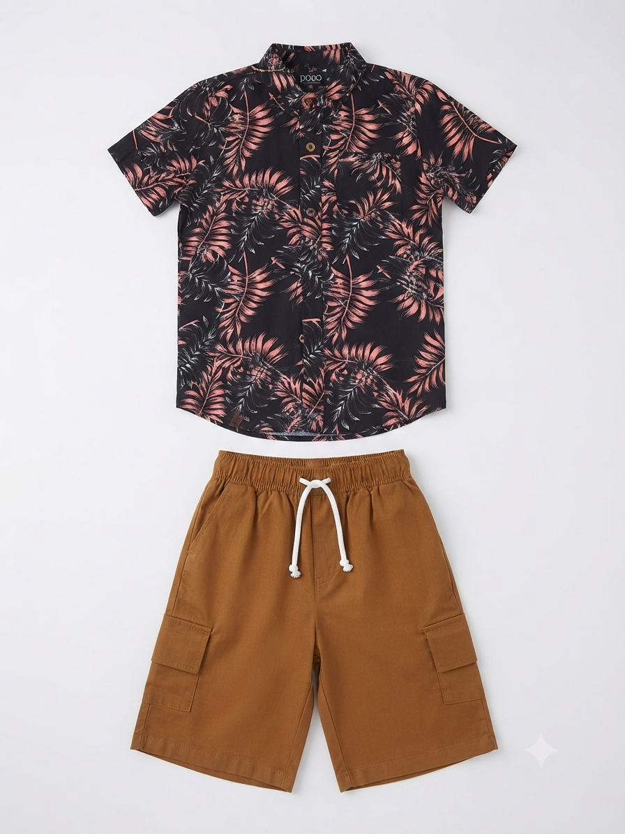 Set niño camisa estampada tropical con short cargo