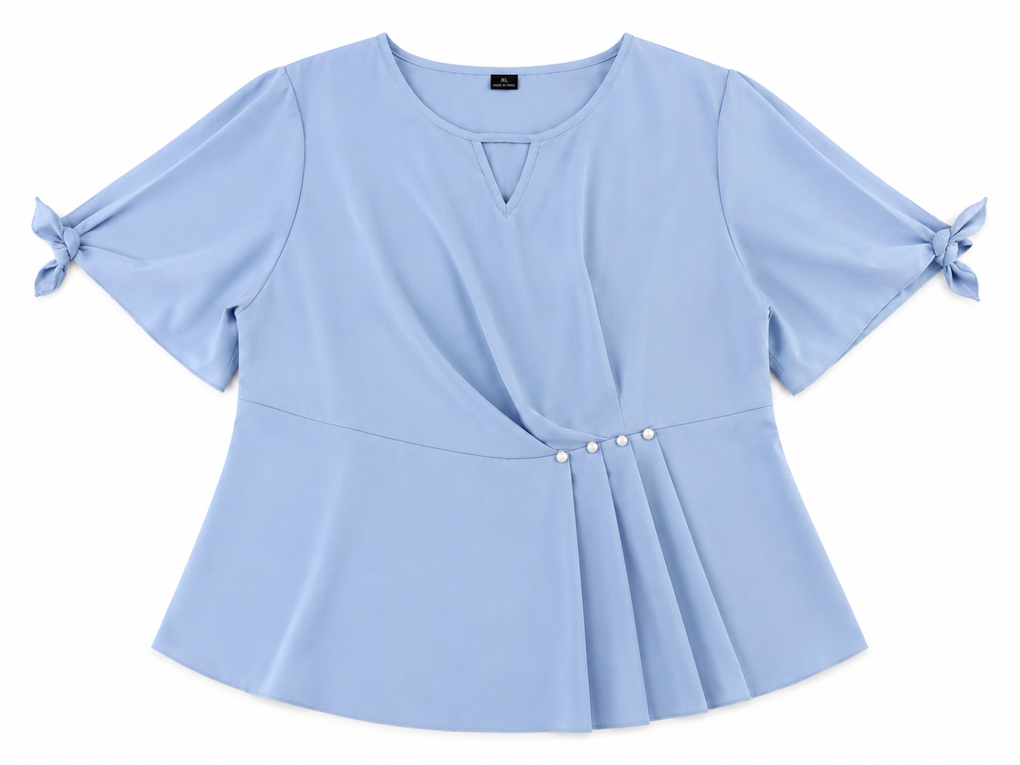Blusa Dama Azul Cielo con Detalle Perlado y Manga con Lazo
