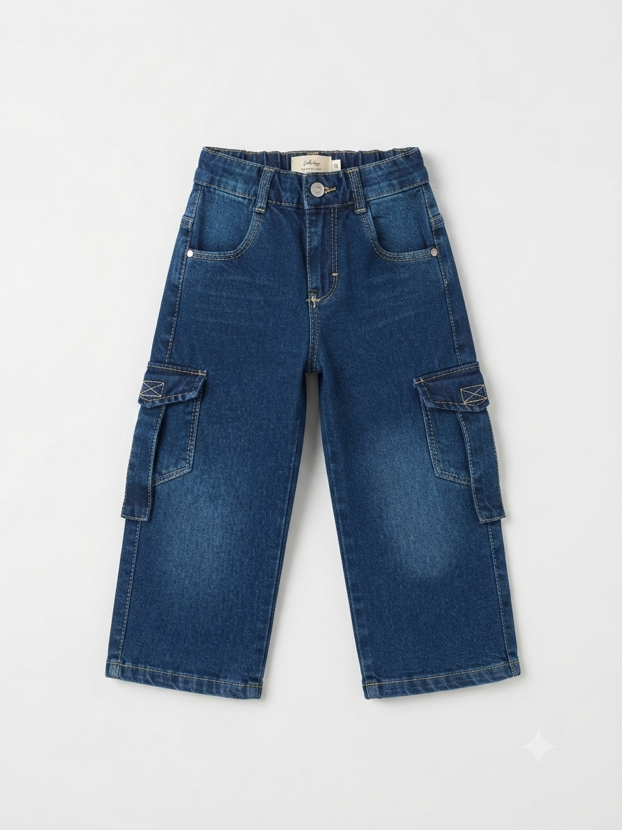 Pantalón niña cargo de mezclilla con bolsillos laterales