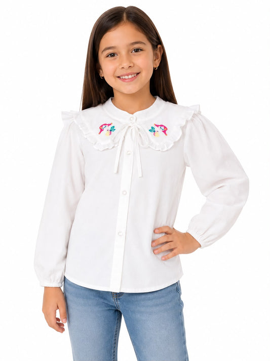Blusa niña blanca con cuello bordado de unicornios