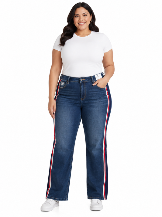 Pantalón dama mezclilla azul medio con líneas laterales tricolor rojo, blanco y azul