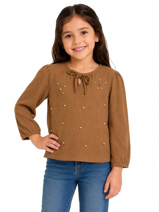 Blusa niña café con perlitas y moño lindo