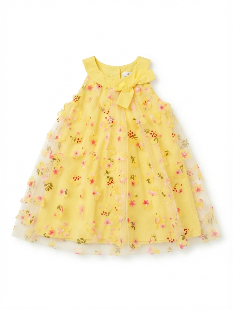 Vestido niña amarillo con tul floral y moño decorativo