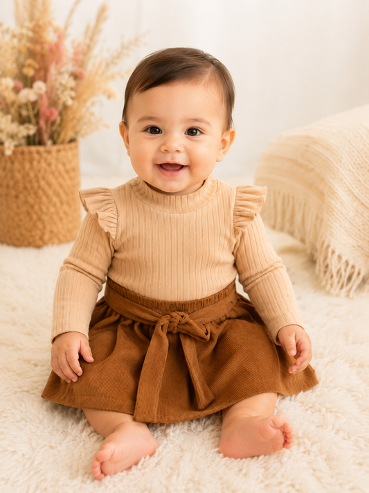 Set niña meses con blusa de manga larga y falda café