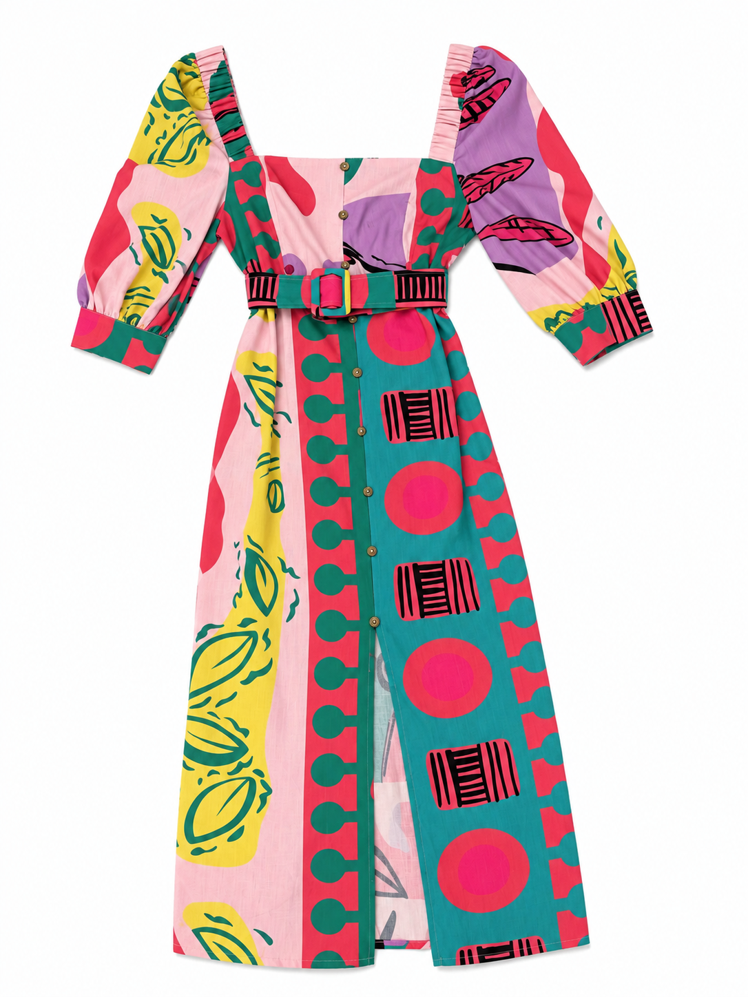 Vestido Dama OFERTA Largo Estampado Multicolor con Cinturón