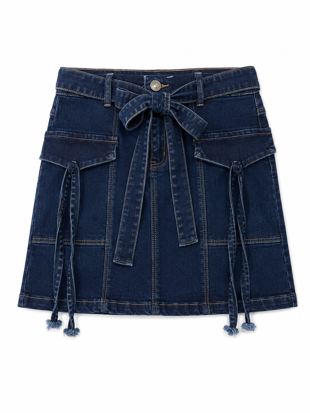 Falda de mezclilla cargo juvenil con bolsillos y cintas decorativas