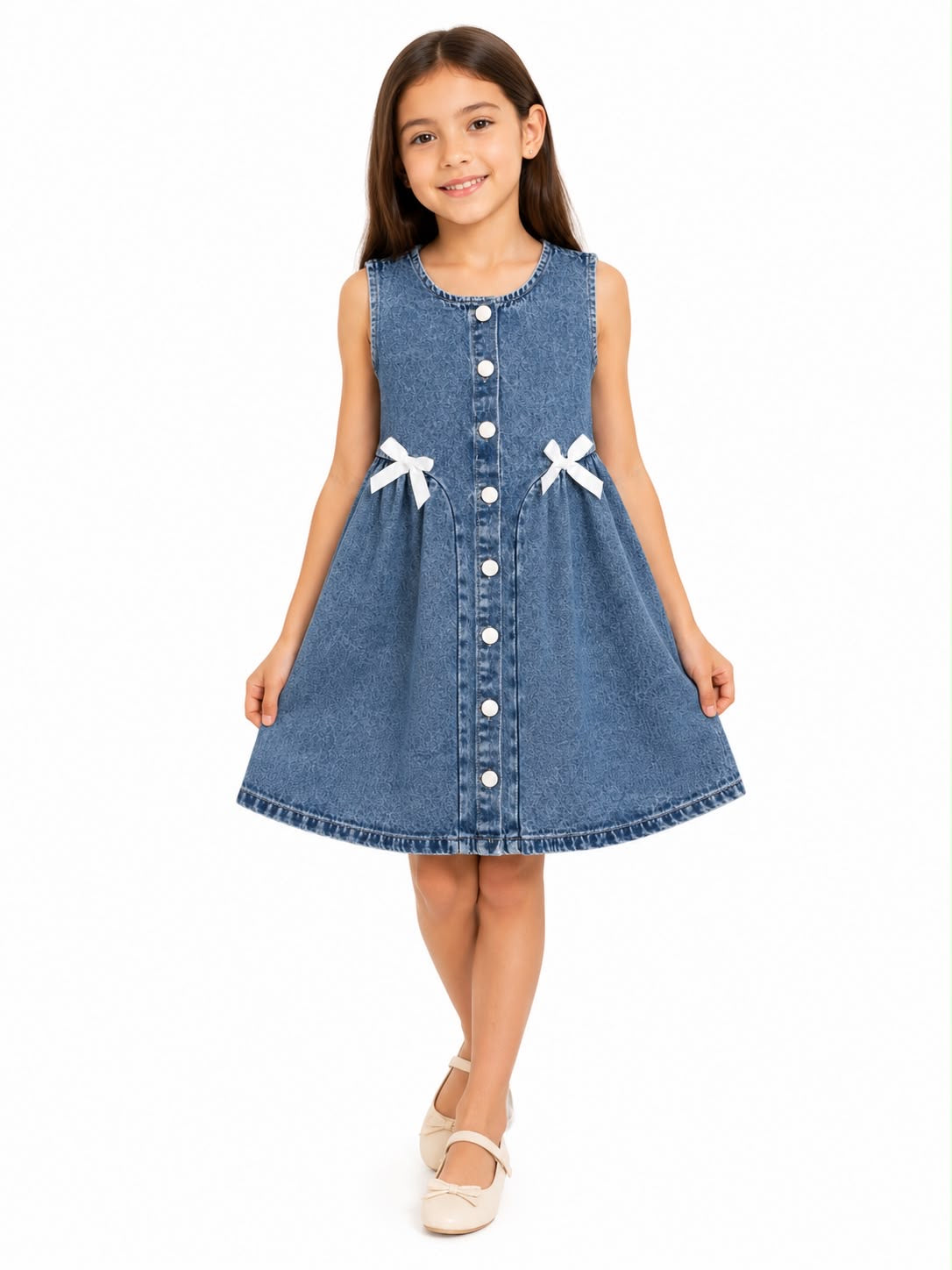 Vestido niña de mezclilla con botones y moños