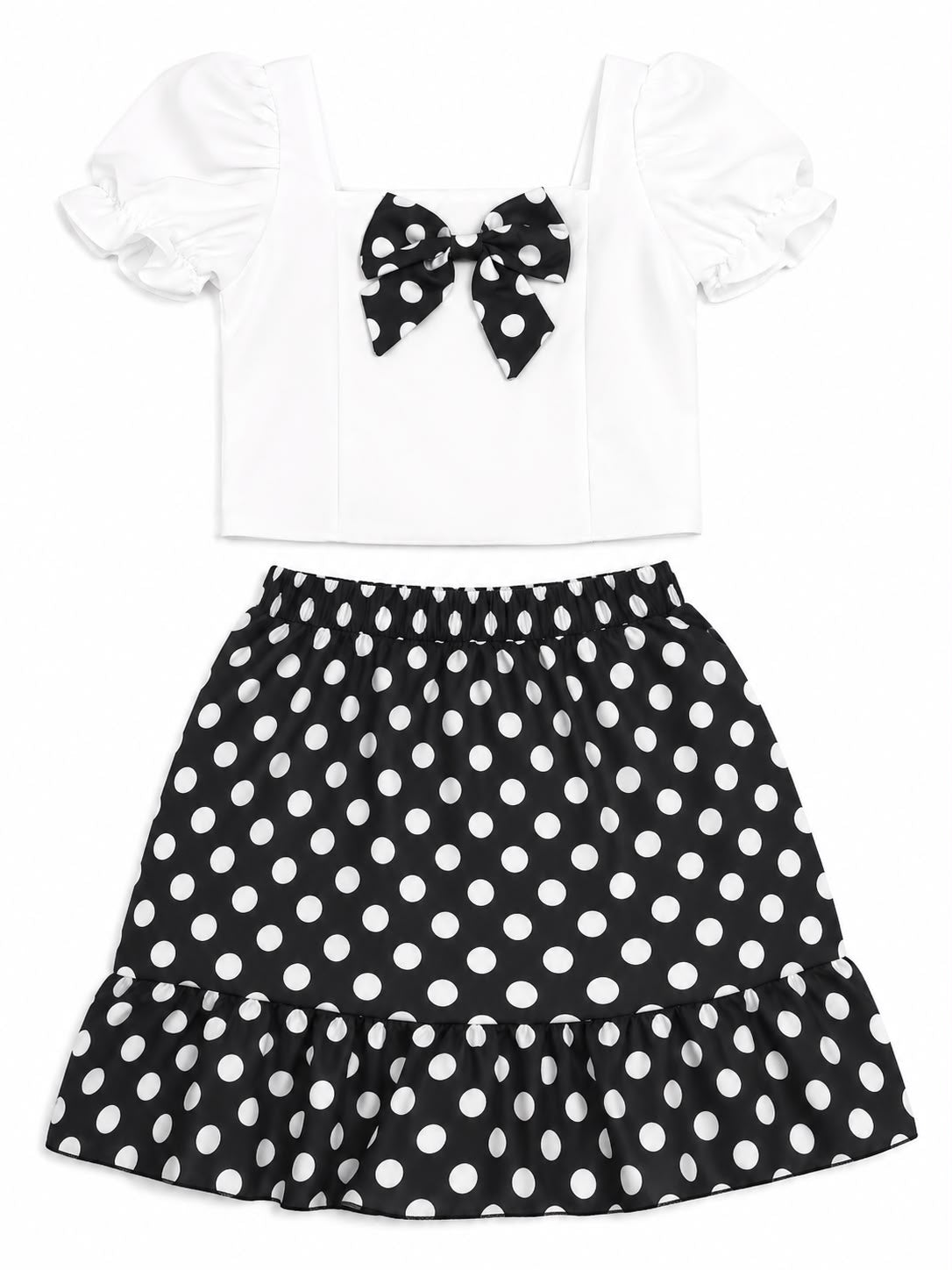 Set niña blusa blanca con moño y falda de lunares
