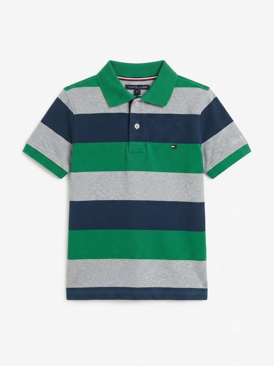 Playera niño tipo polo rayas verde, gris y azul marino