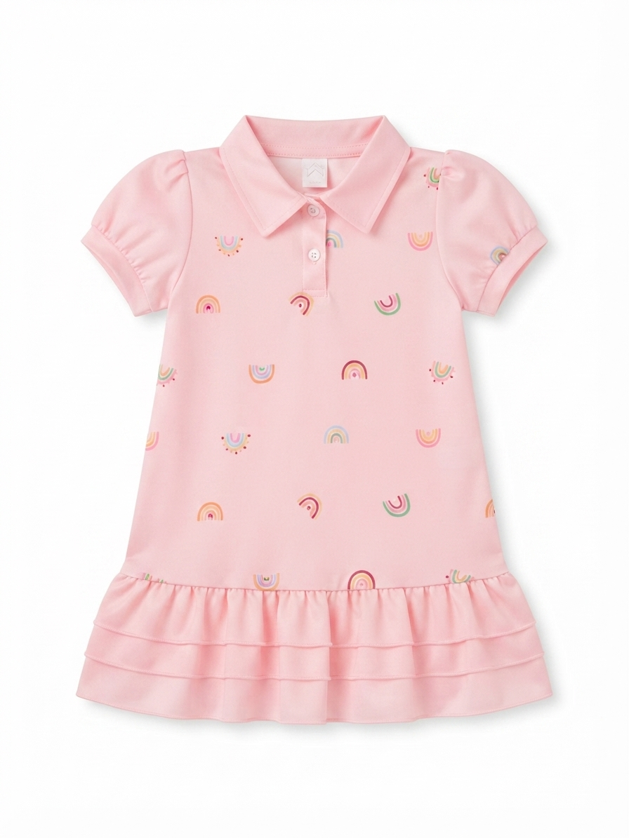 Vestido niña tipo polo rosa con estampado de arcoíris y olanes
