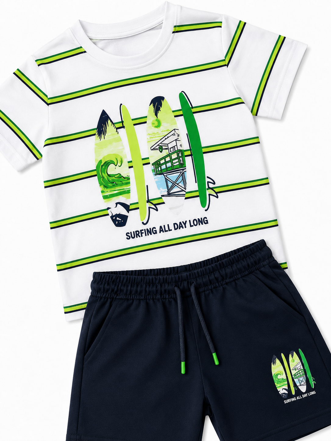 Set niño playera blanca con rayas verde neón y short azul marino estilo surf casual de verano