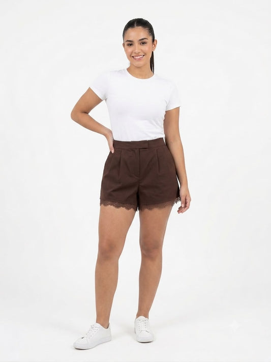 Short Dama Café con Encaje en Bastilla