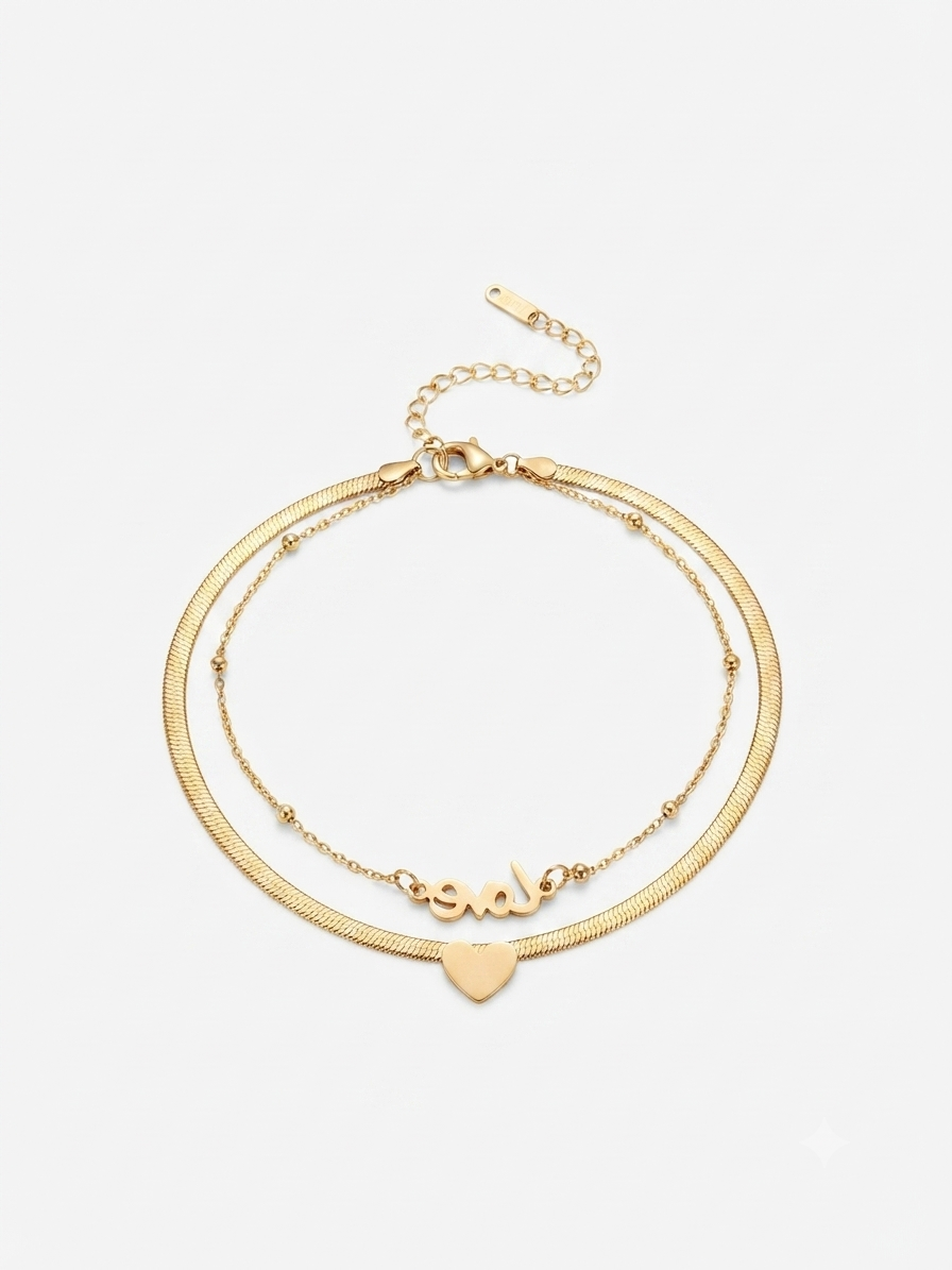 Tobillera dama accesorio doble cadena Love con corazón 💛✨