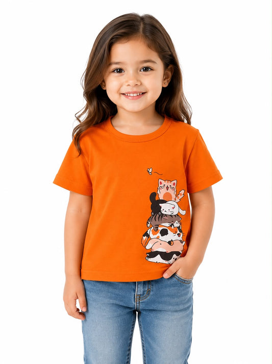 Blusa niña naranja con estampado de gatitos