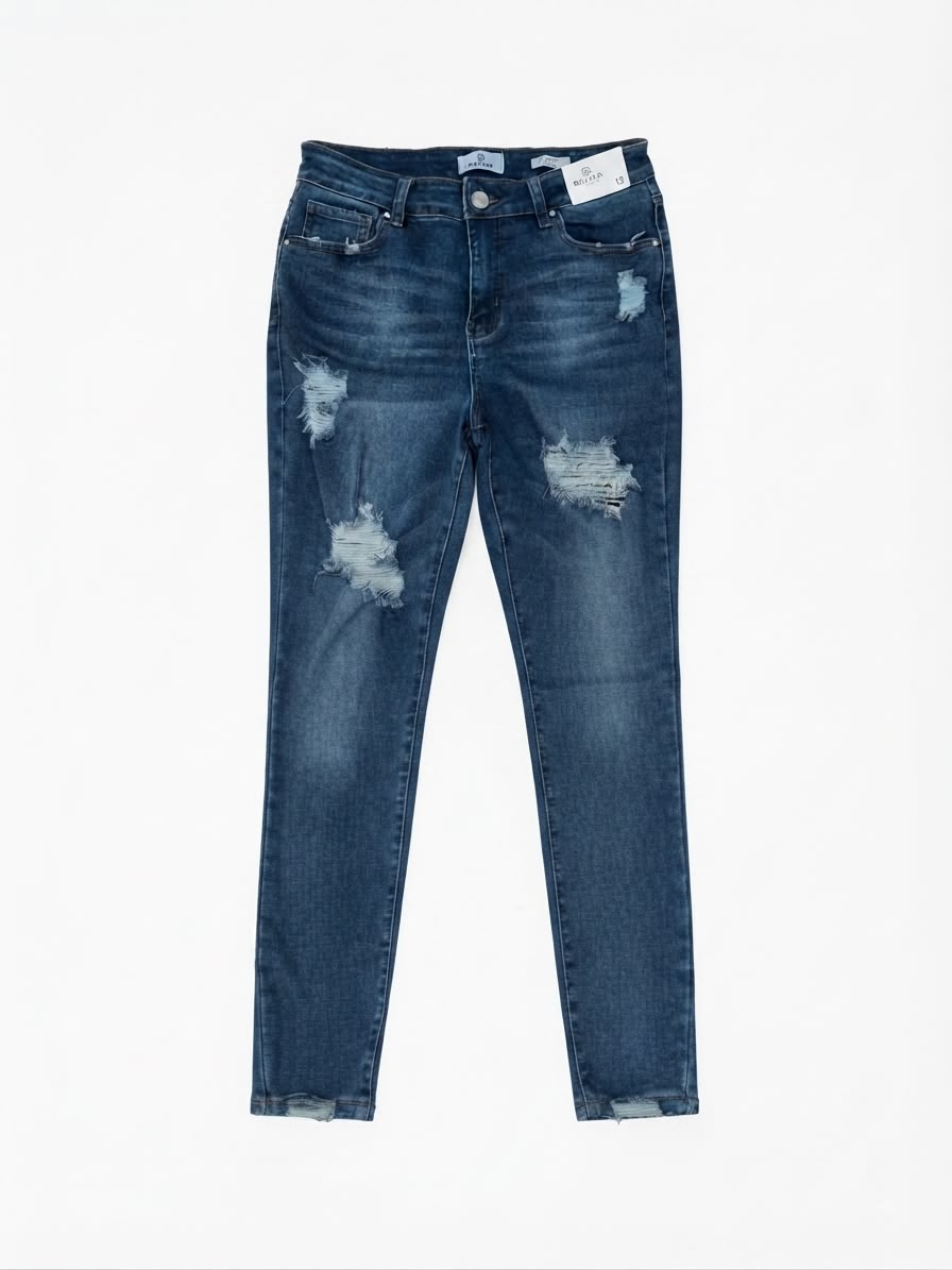 Pantalón Dama de Mezclilla Ajustado con Desgastes y Dobladillo Deshilachado
