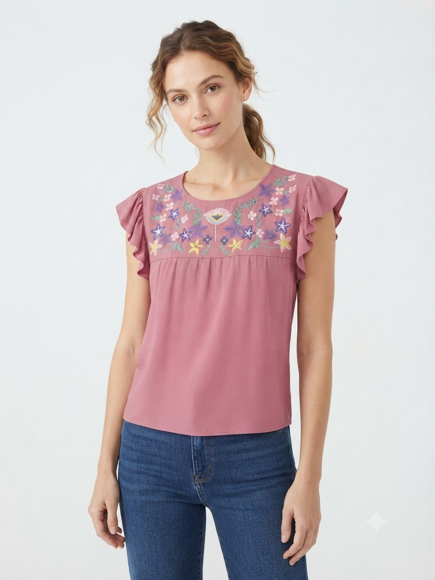 Blusa Dama OFERTA Bordada Manga Olanes Color Palo de Rosa