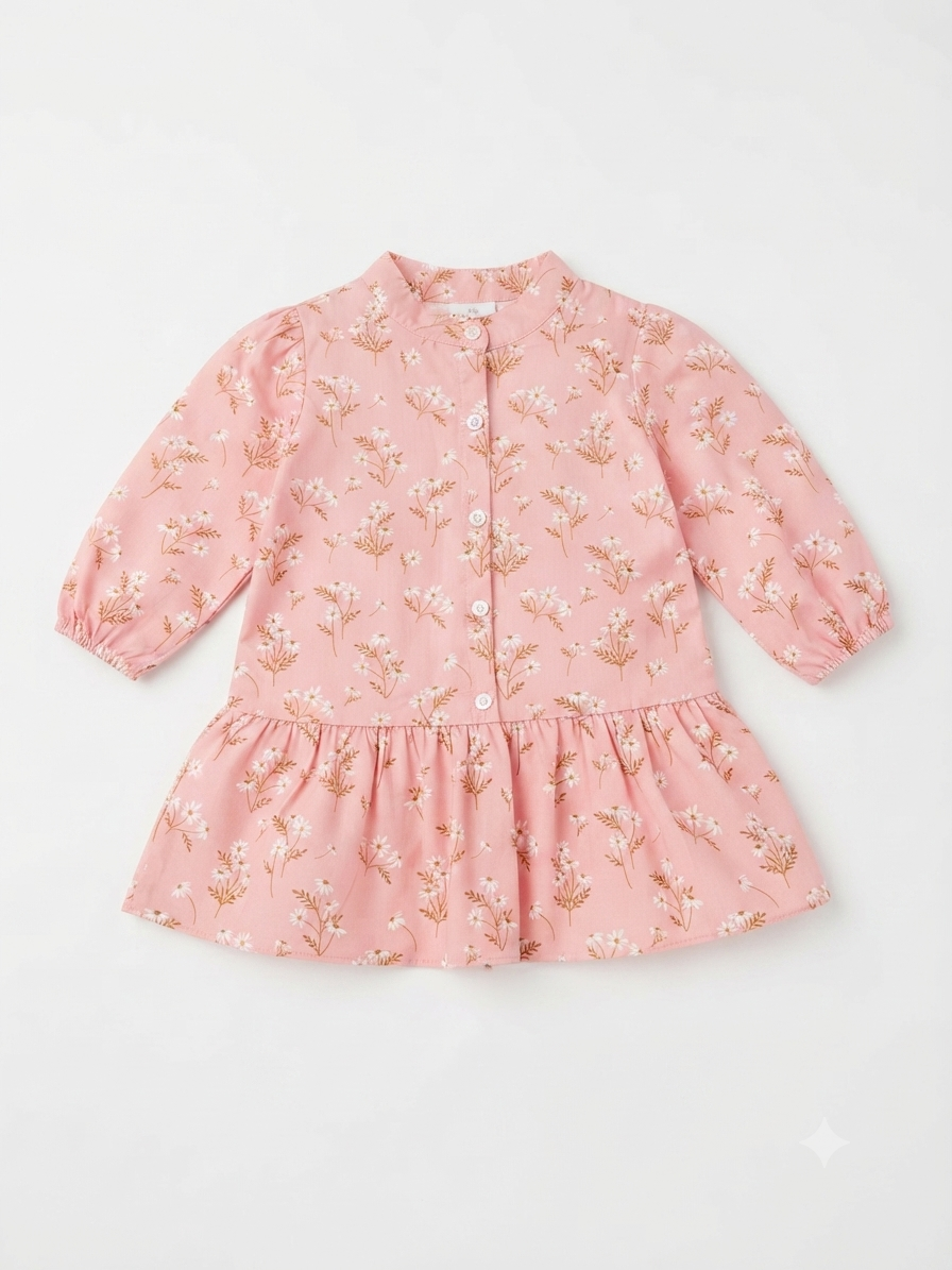 Vestido niña rosa con estampado floral y manga larga