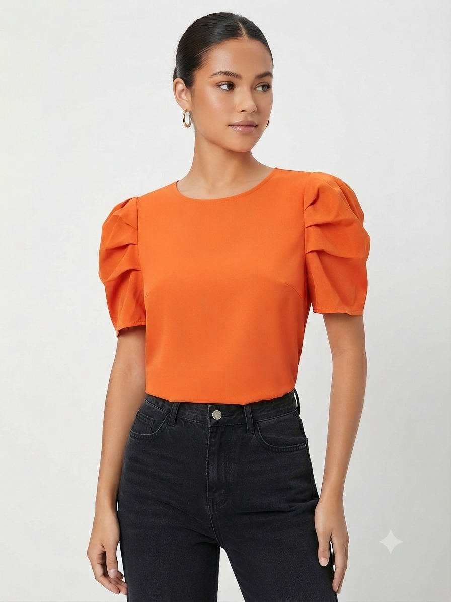 Blusa Dama OFERTA Manga Abullonada Cuello Redondo Color Naranja