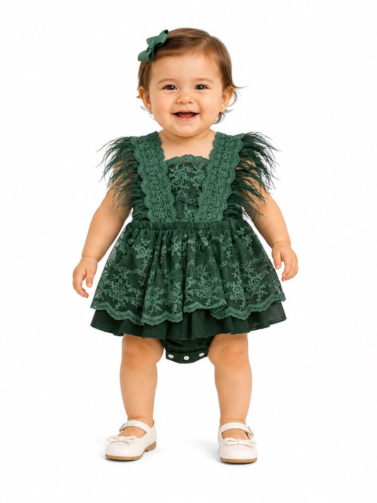 vestido niña meses de encaje con plumas – Verde esmeralda