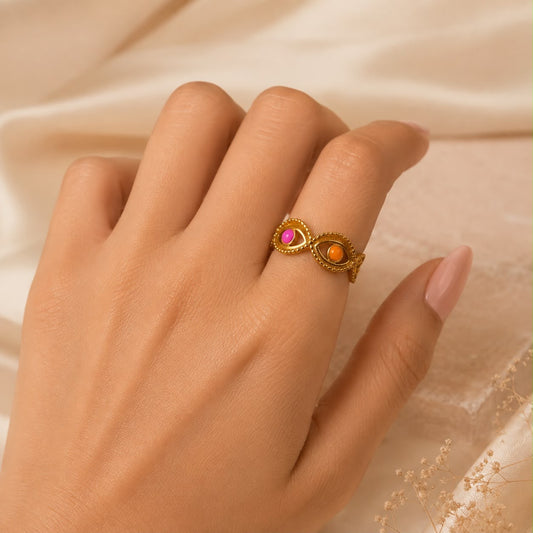 Anillo Dama dorado diseño de ojos con detalles de color