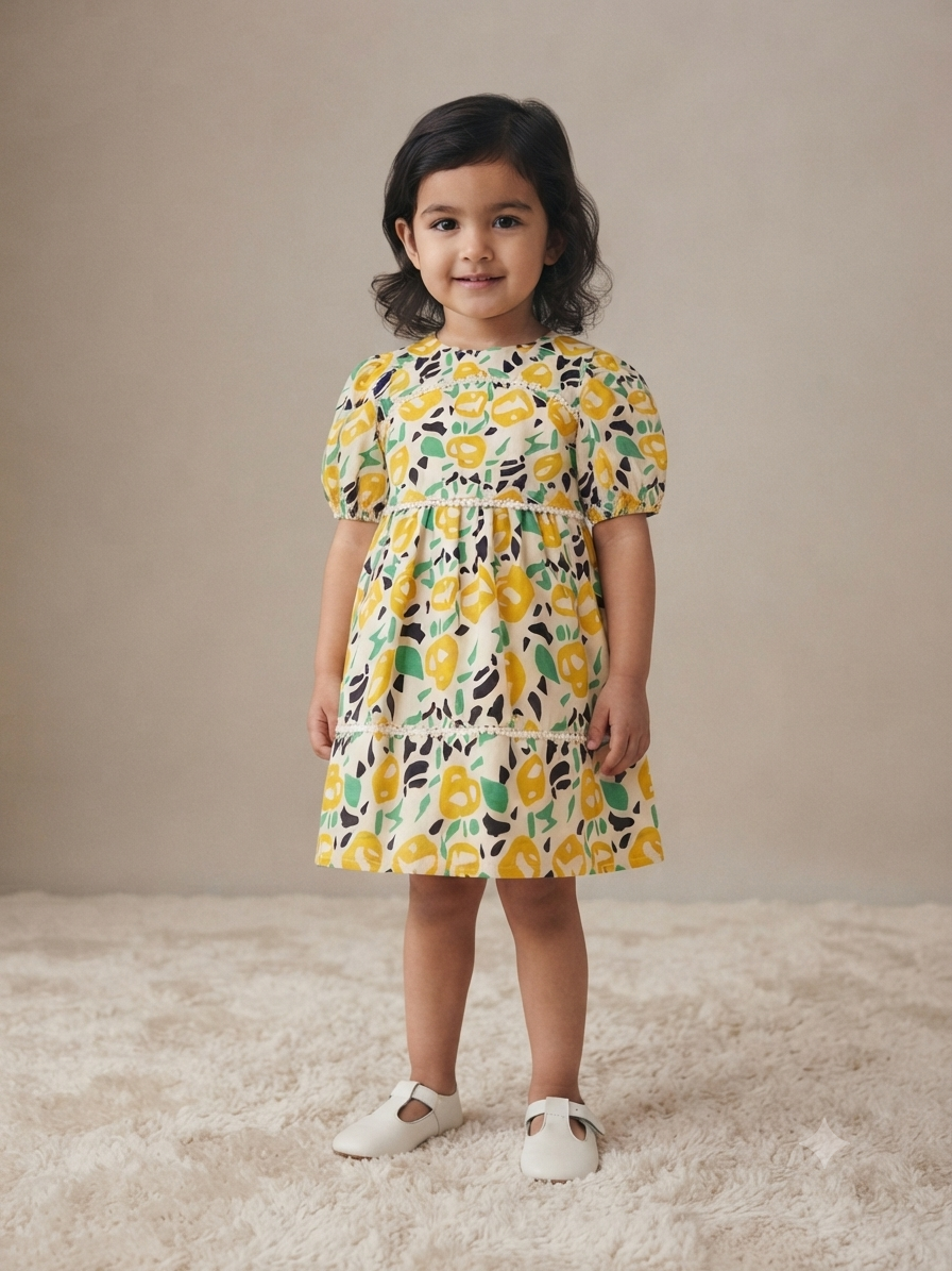Vestido niña estampado floral amarillo y verde