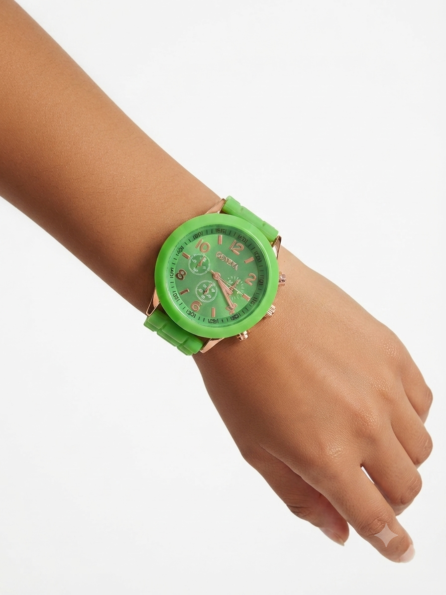 Reloj dama verde neón con detalles oro rosa