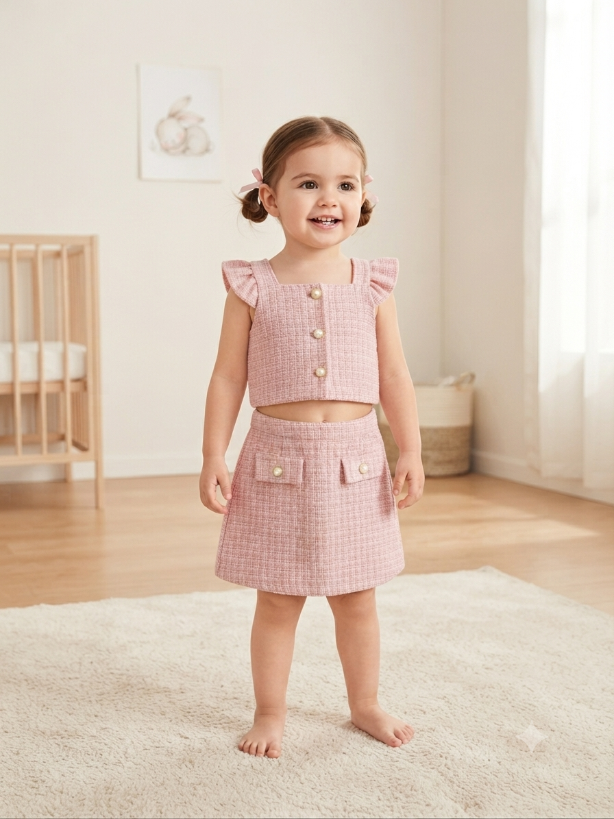 Set niña rosa con top de olanes y falda