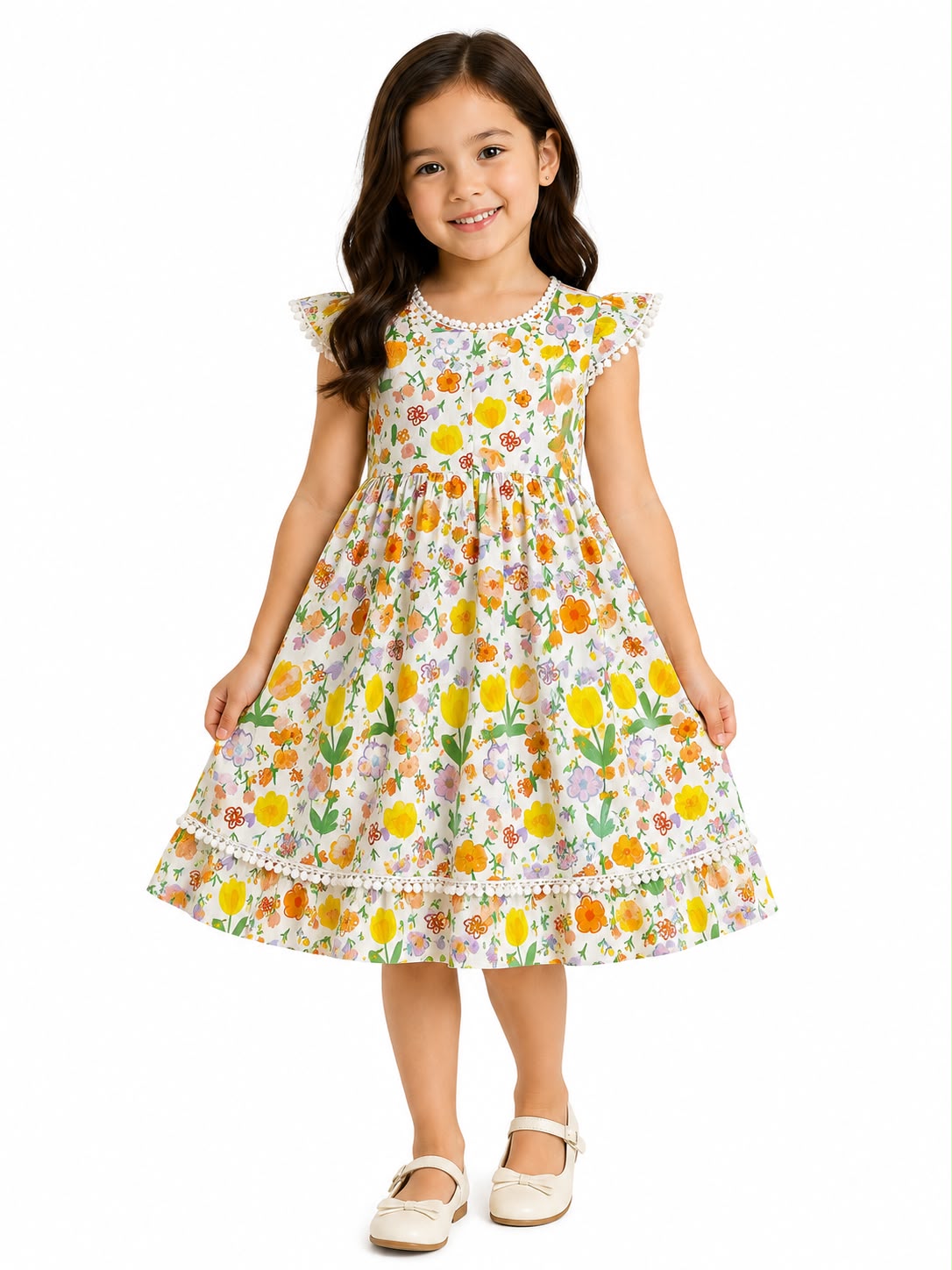 Vestido niña floral con Olanes y encaje