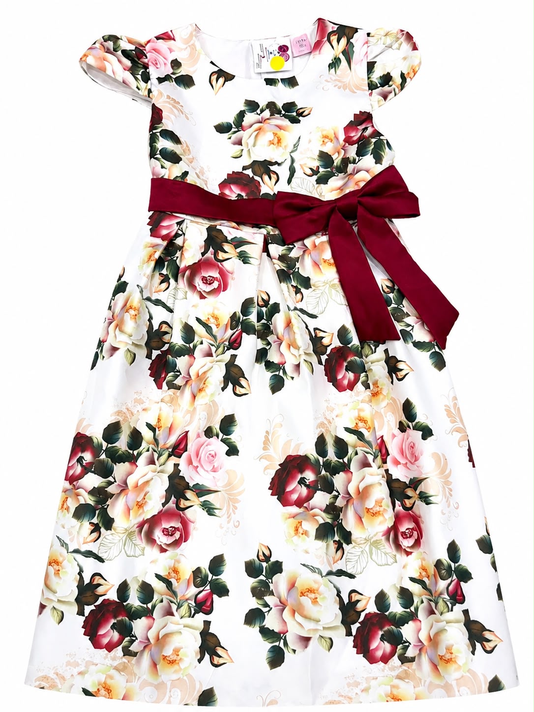 Vestido niña blanco con estampado floral y moño vino