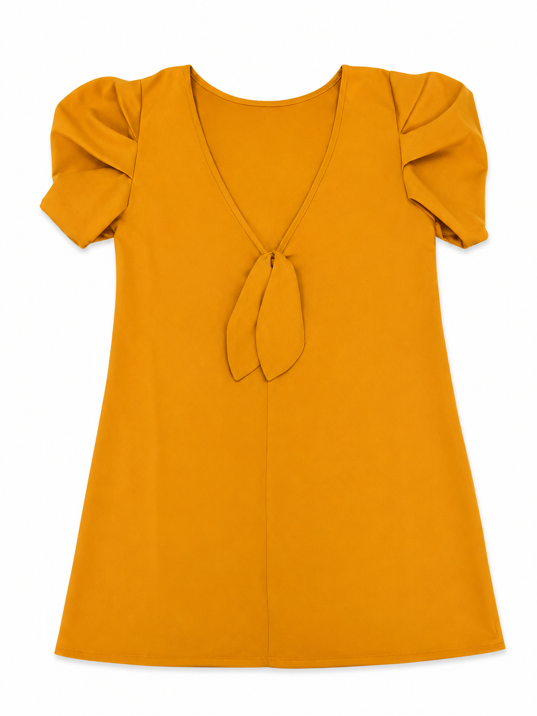 Vestido Dama OFERTA Corto Escote V Manga Abullonada Color Mostaza
