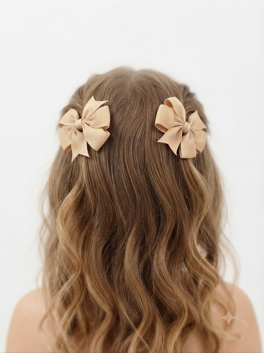 Moño par niña beige de grosgrain
