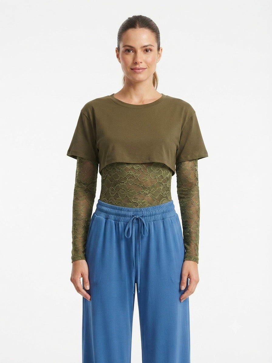 Set Dama 3 Piezas Color verde – Body de Encaje + Crop Top + Pantalón tela