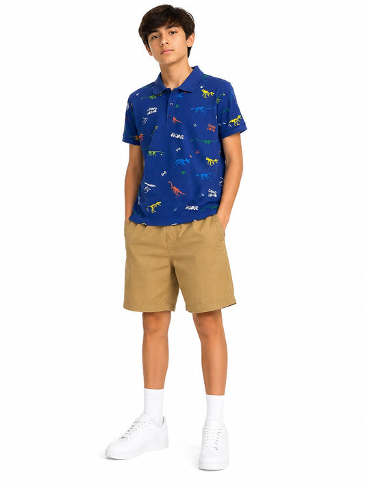 Set niño polo azul estampado de dinosaurios con short color caqui