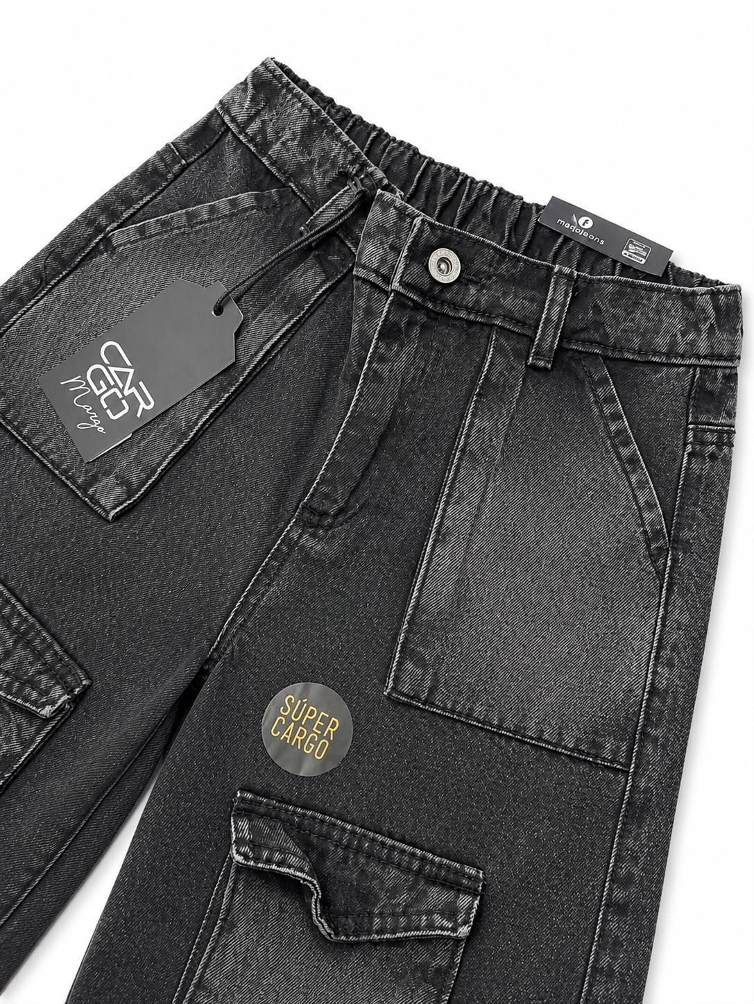 Pantalón niña cargo mezclilla negre con efecto deslavado