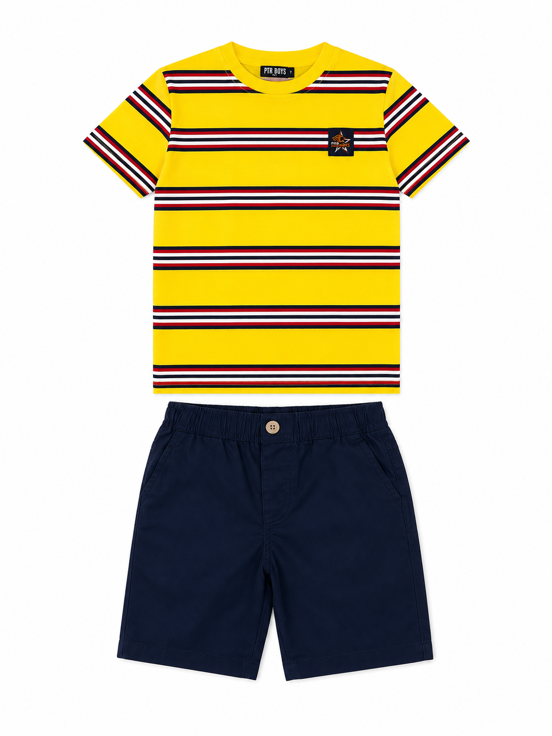 Set niño playera amarilla a rayas y short azul marino