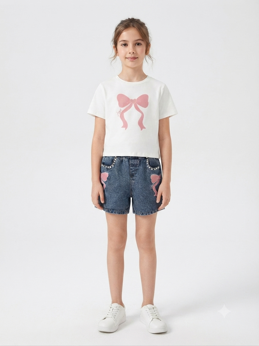 Set niña blusa blanca con moño rosa y short de mezclilla