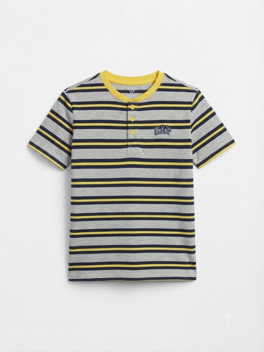 Playera niño cuello redondo rayas gris, azul marino y amarillo