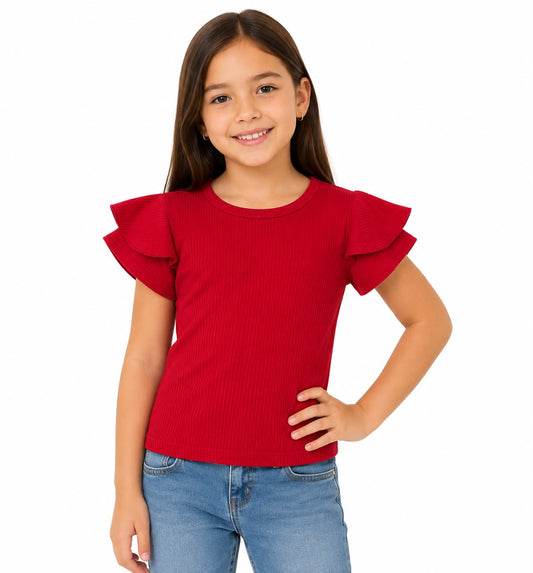 Blusa niña roja acanalada con manga de olanes