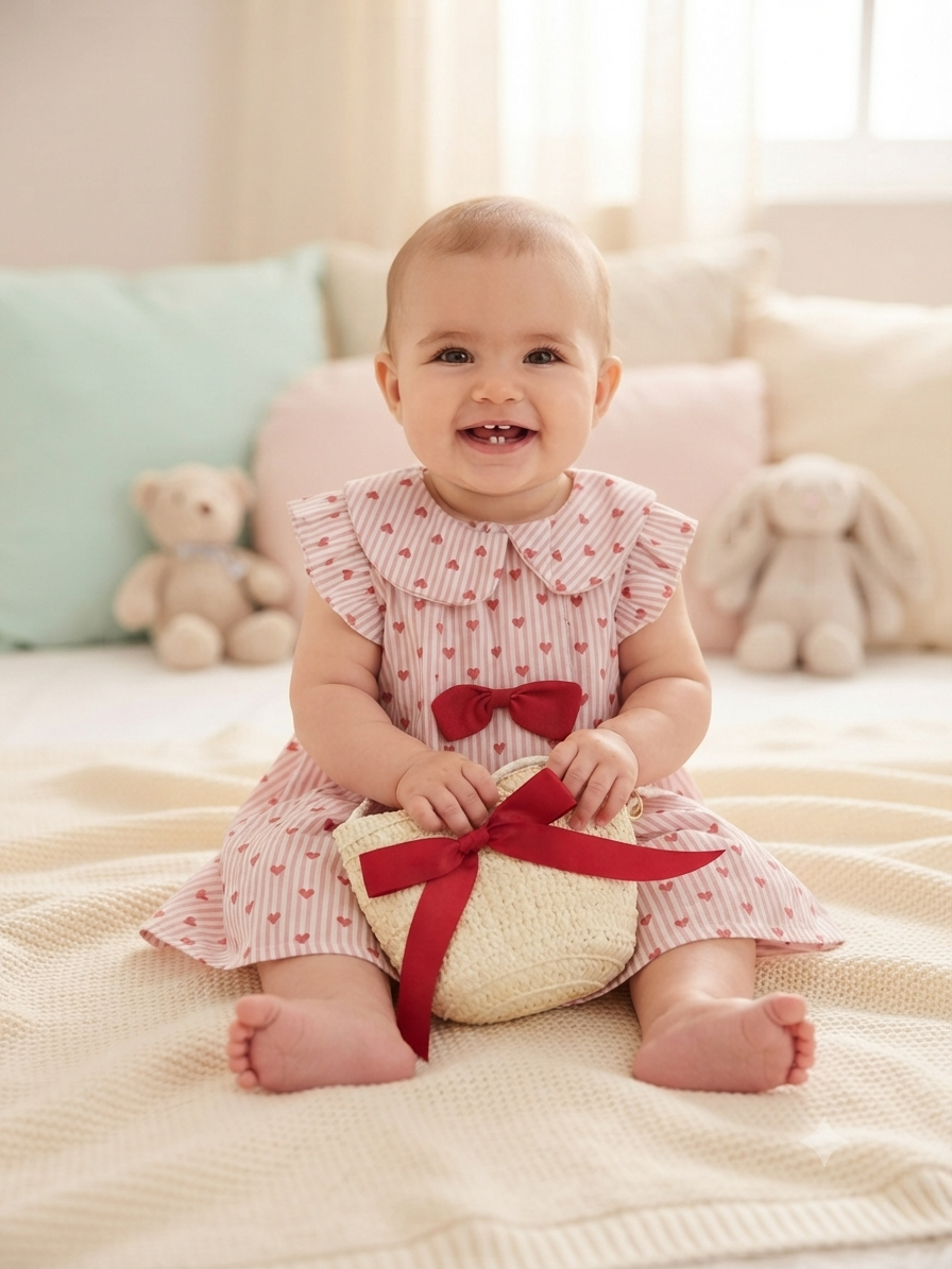 Vestido niña meses rosa con corazones y bolsita