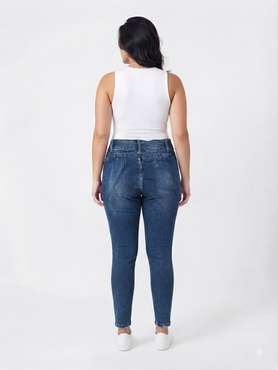 Pantalón Dama Skinny Azul Mezclilla Desgastado con Botones y Detalle en Bolsillos
