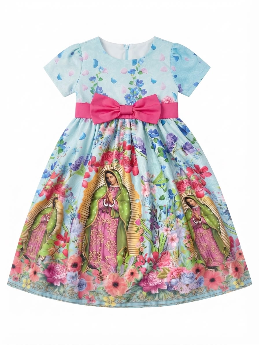 Vestido niña celeste con estampado floral y detalle religioso