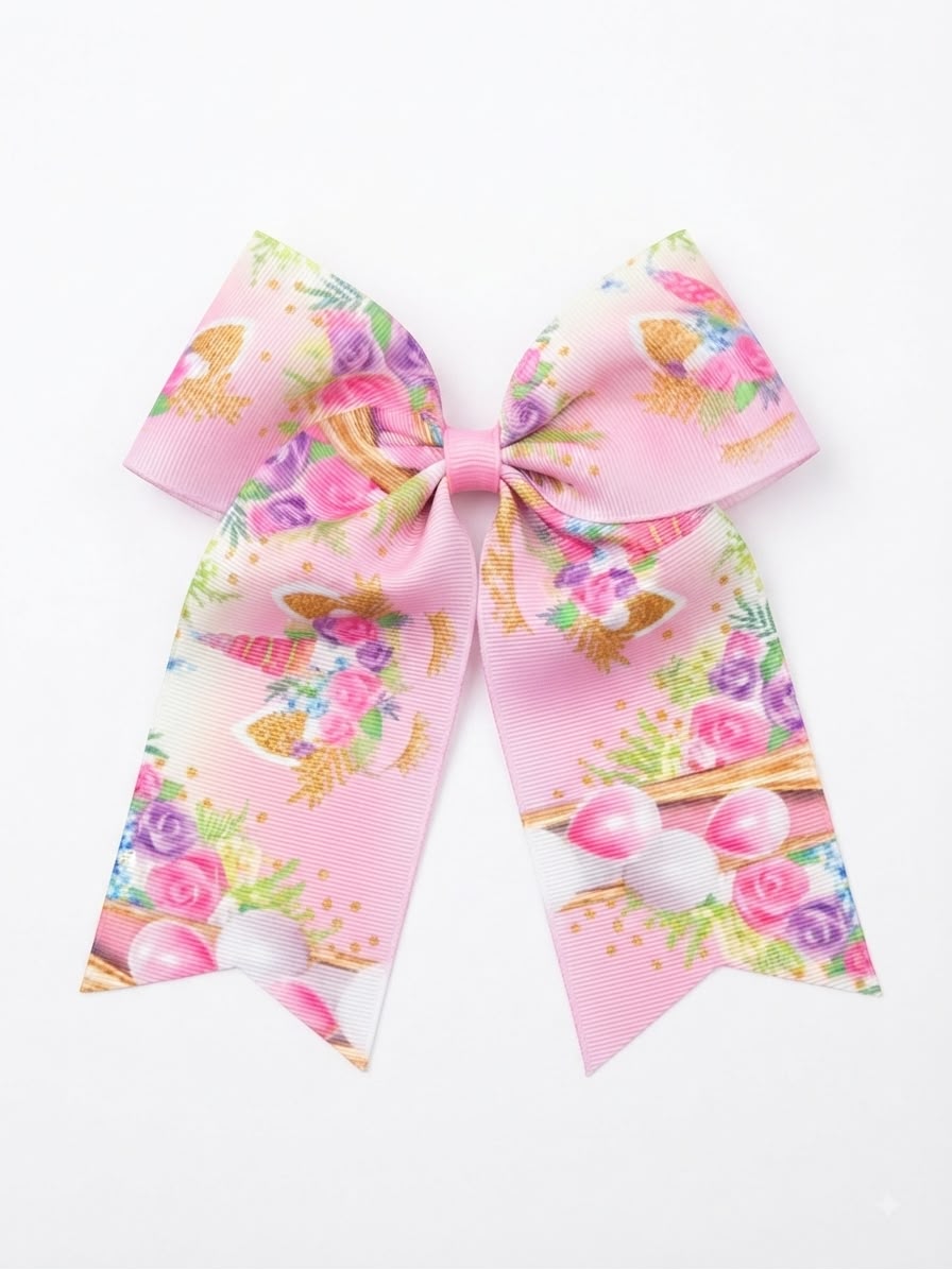 Moño niña rosa con estampado de unicornio y flores