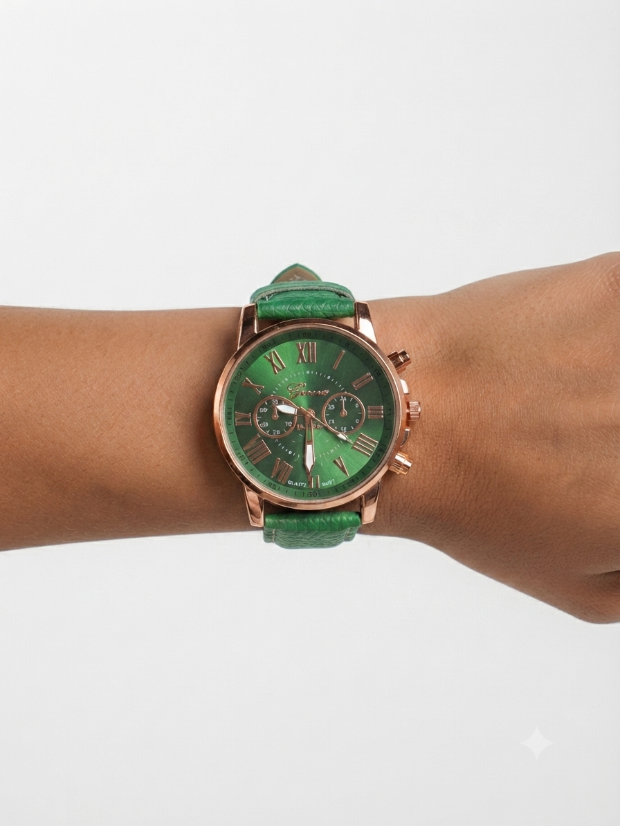 Reloj dama correa verde bisel oro rosa carátula verde