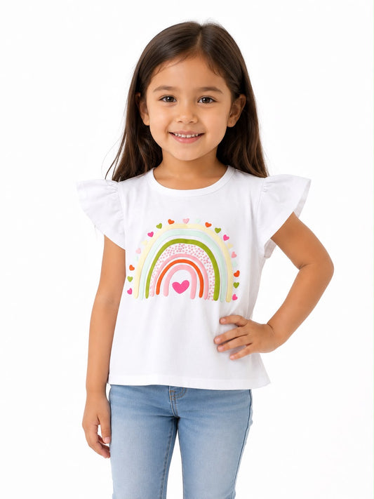 Blusa niña blanca con arcoíris y manga de Olanes